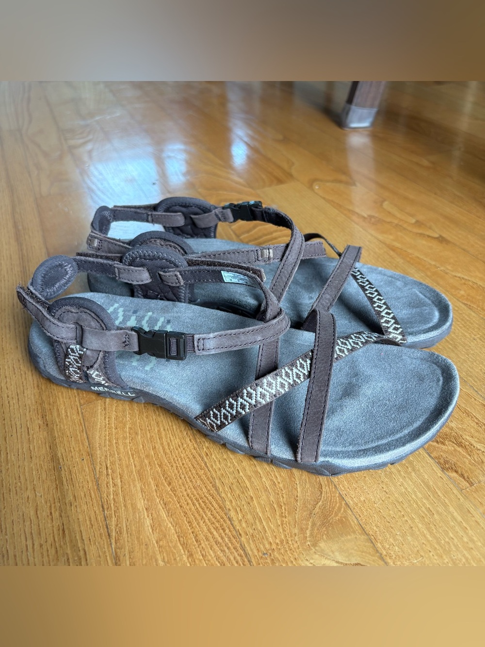Merrell Terran Lattice II sandals Dark Earth Brown Beige leather Women Size 9 40 - Picture 2 of 11
